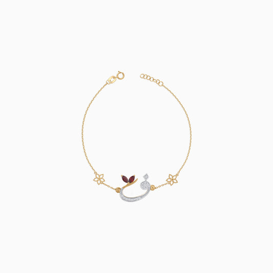18K Yellow Gold Arabic Letter 'Faa' Bracelet with Natural Diamonds & Garnet | Horoufi Diamond Collection