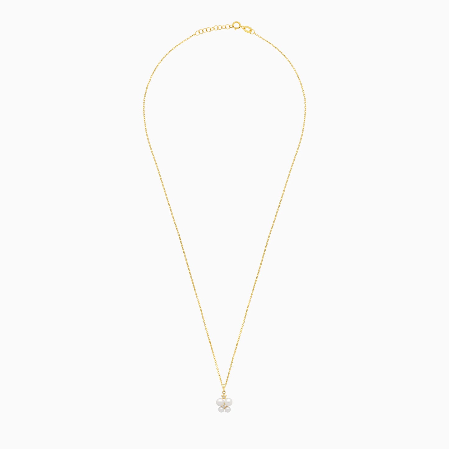 18k yellow gold necklace decorated by a single zircon stone in the centre surrounded by different sizes of pearls