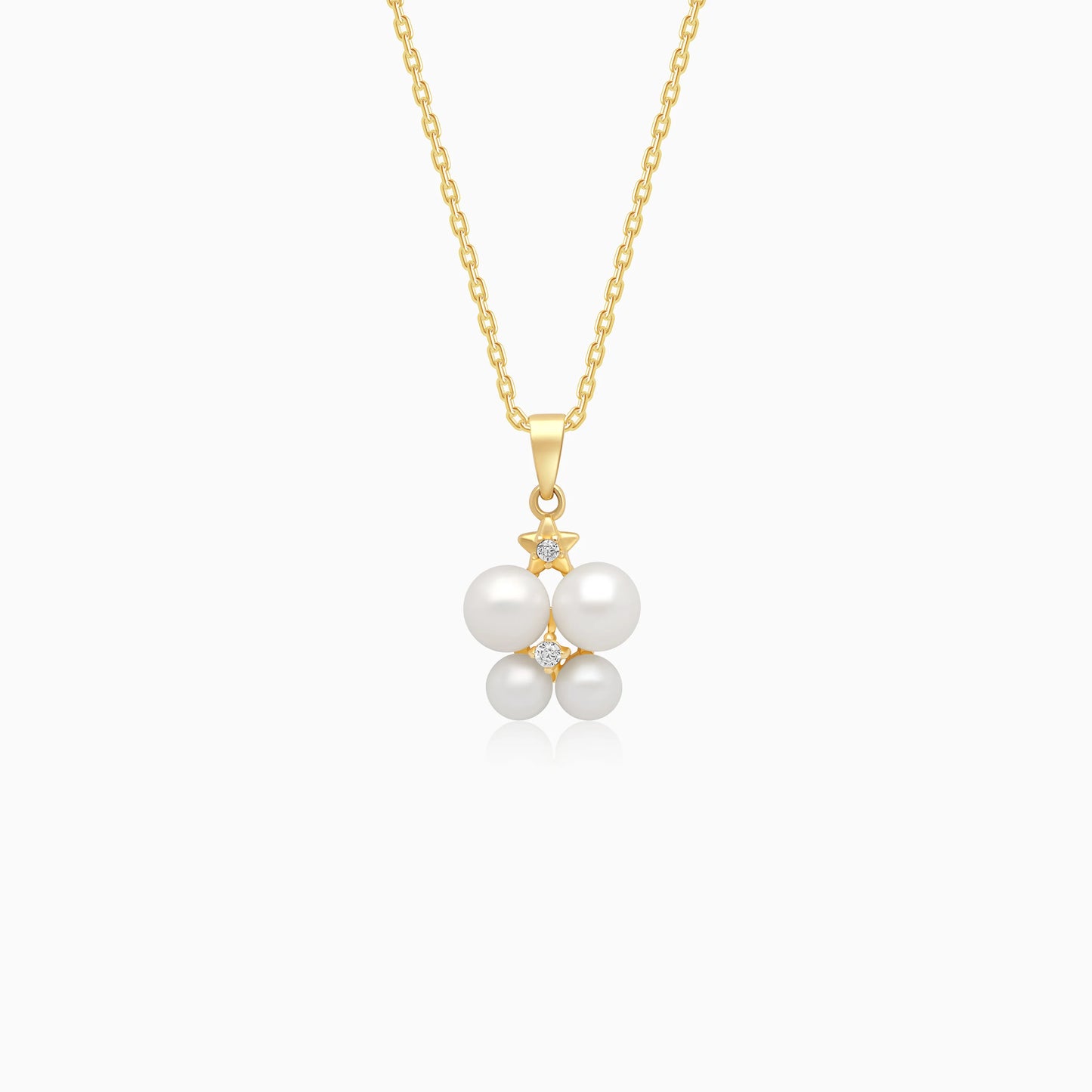 18k yellow gold necklace decorated by a single zircon stone in the centre surrounded by different sizes of pearls