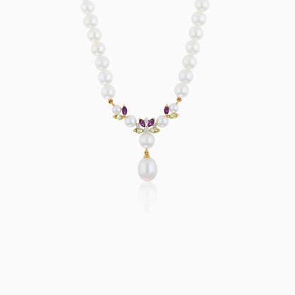 18K Yellow Gold Pearl Necklace with Diamonds & Gemstones – Danah Collection