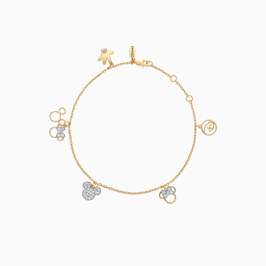 Disney- Mickey & Friends- 18k Yellow Gold- Mickey & Minnie Charms Bracelet studded with Natural Diamonds
