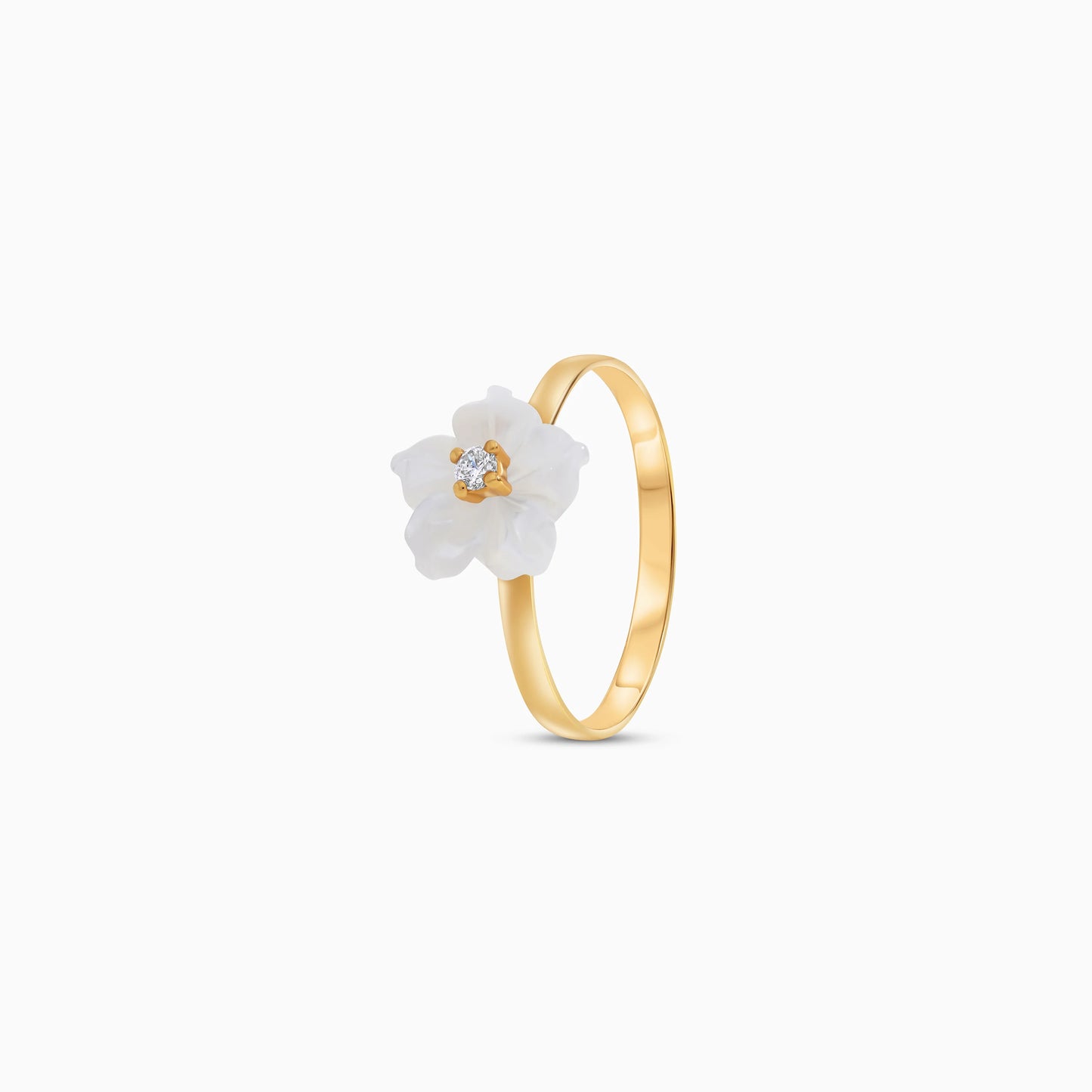 18K Gold Ring with White MOP Flower & Zircon – Women Designs