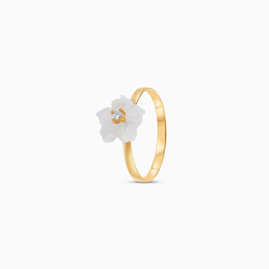 18K Gold Ring with White MOP Flower & Zircon – Women Designs
