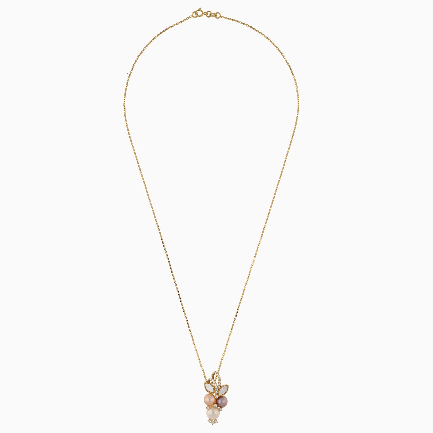 18K Yellow Gold Necklace with Natural Diamonds, Pearls and Mother of Pearl