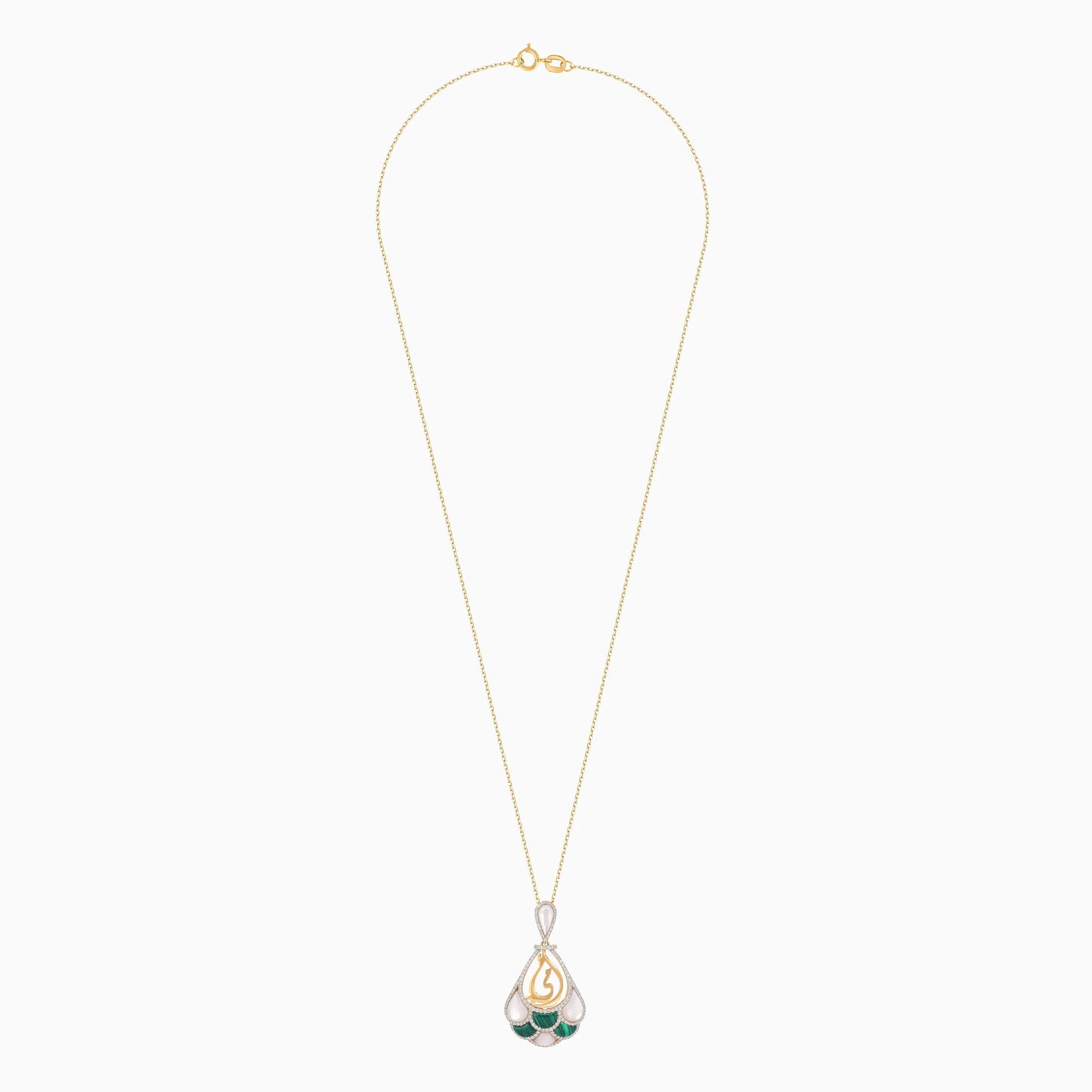 18K Yellow Gold Necklace Featuring 'Mother' with Diamonds, Malachite, and Mother of Pearl