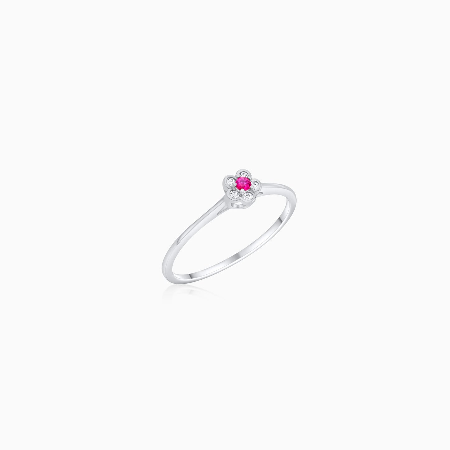18K White Gold Flower-Shaped Ring with Natural Ruby and Diamond Stones – Colori Collection