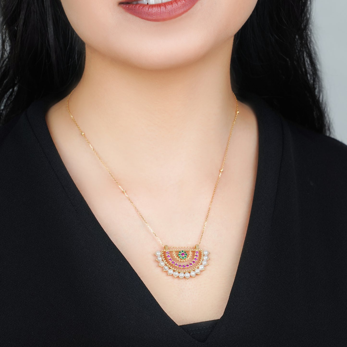 Shnaf Collection 18K Yellow Gold Pearl Necklace with Artificial Stones