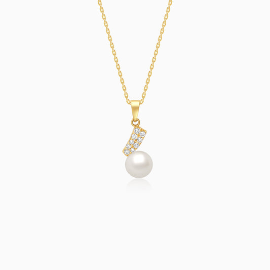 Danah 18k yellow gold necklace decorated by zircon stones and hanging single pearl