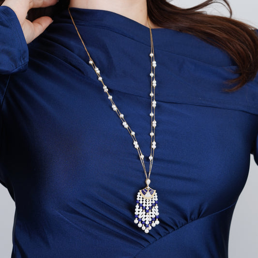 18K Yellow Gold Long Pearl Necklace with Natural Diamond and Lazurite Stones