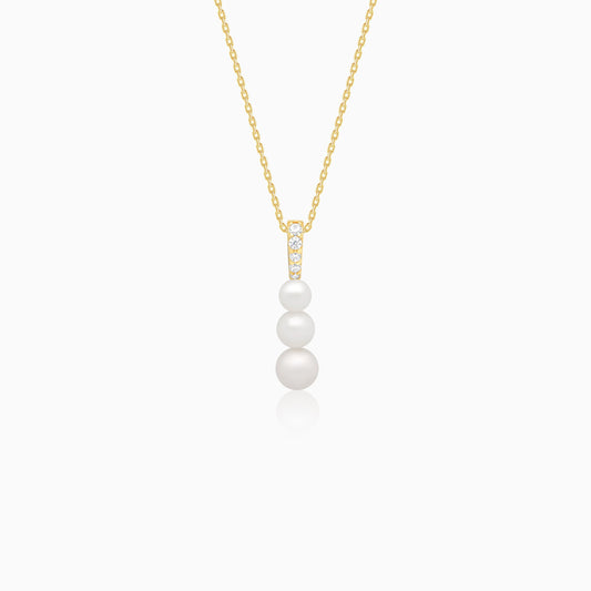 18k yellow gold necklace decorated with zircon stones and hanging pearls