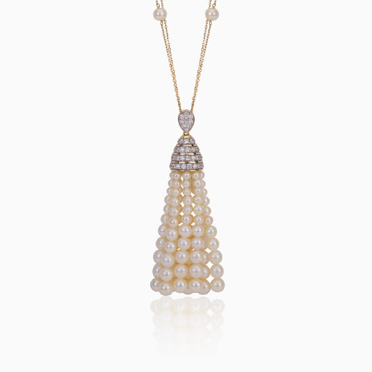 18K YELLOW GOLD LONG NECKLACE DECORATED WITH PEARLS AND ZIRCON STONES - DANAH COLLECTION