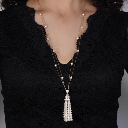 18K YELLOW GOLD LONG NECKLACE DECORATED WITH PEARLS AND ZIRCON STONES - DANAH COLLECTION