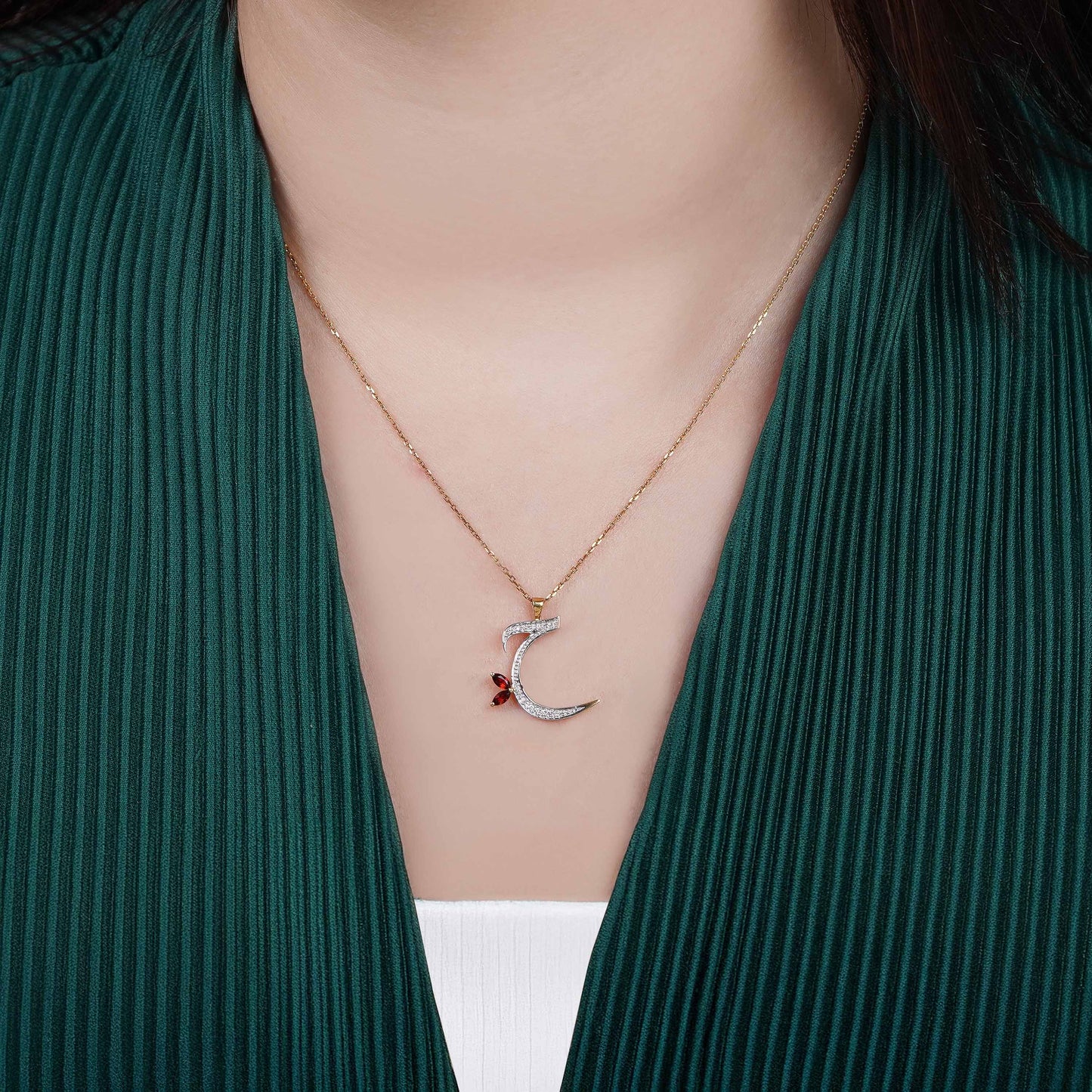 18k Yellow Gold 'Haa' Arabic Letter Necklace with Natural Diamond & Garnet | Horoufi Diamond Collection