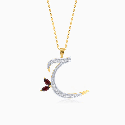 18k Yellow Gold 'Haa' Arabic Letter Necklace With Natural Diamond and Garnet Stone