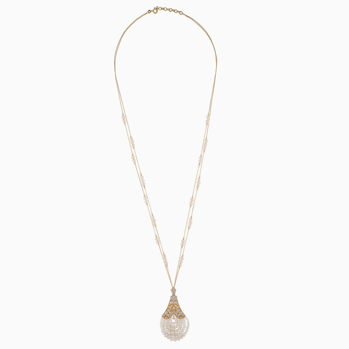 18K Yellow Gold Double Chain Necklace Adorned with Natural Diamonds and Pearls