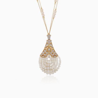 18K Yellow Gold Double Chain Necklace Adorned with Natural Diamonds and Pearls