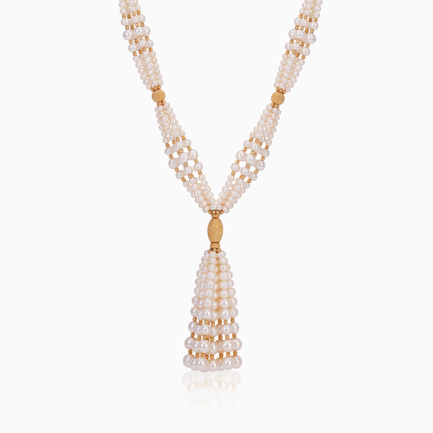 18K YELLOW GOLD LONG NECKLACE OVAL AND ROUND SHAPES DECORATED WITH MULTIPLE SIZES OF PEARLS
