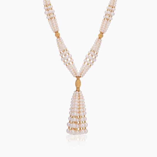 18K YELLOW GOLD LONG NECKLACE OVAL AND ROUND SHAPES DECORATED WITH MULTIPLE SIZES OF PEARLS