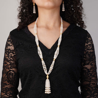 18K YELLOW GOLD LONG NECKLACE OVAL AND ROUND SHAPES DECORATED WITH MULTIPLE SIZES OF PEARLS