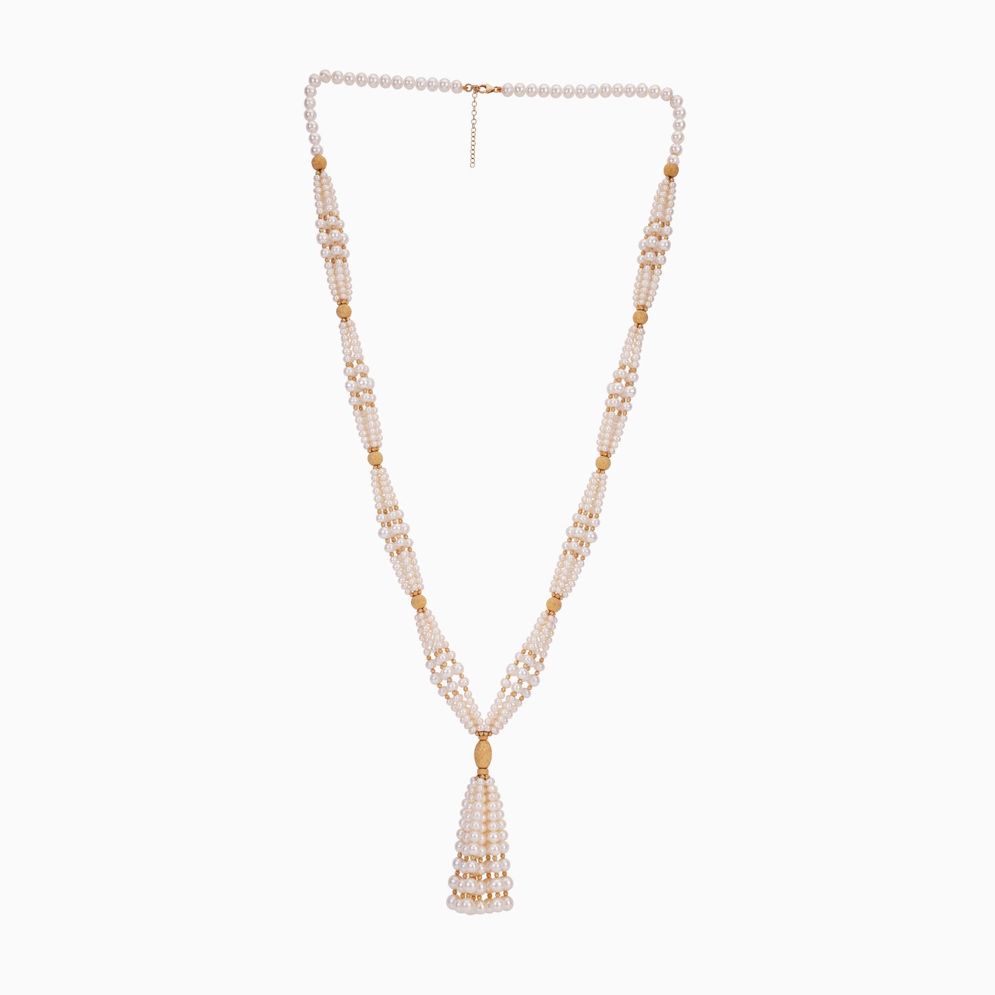 18K YELLOW GOLD LONG NECKLACE OVAL AND ROUND SHAPES DECORATED WITH MULTIPLE SIZES OF PEARLS