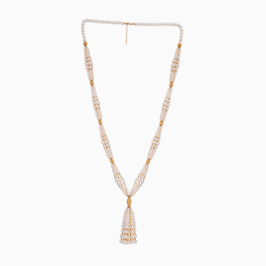 18K YELLOW GOLD LONG NECKLACE OVAL AND ROUND SHAPES DECORATED WITH MULTIPLE SIZES OF PEARLS