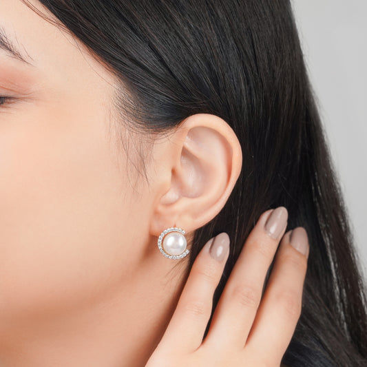 Pearl and Zircon Earrings with Elegance 18k yellow Gold-Trimmed Design