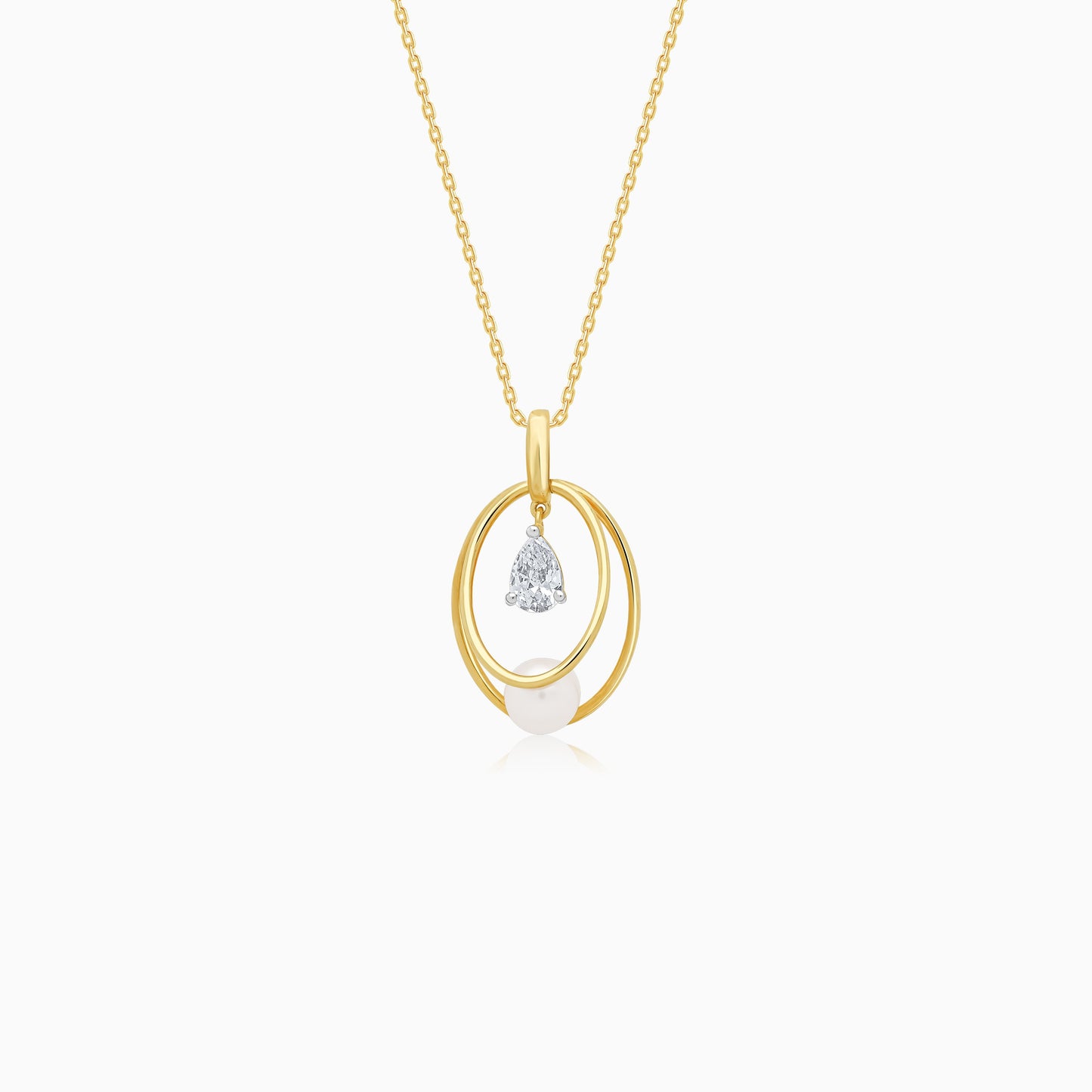 18k Yellow Gold Necklace with Drop-Shaped Zircon & Single Pearl Pendant | Danah Collection