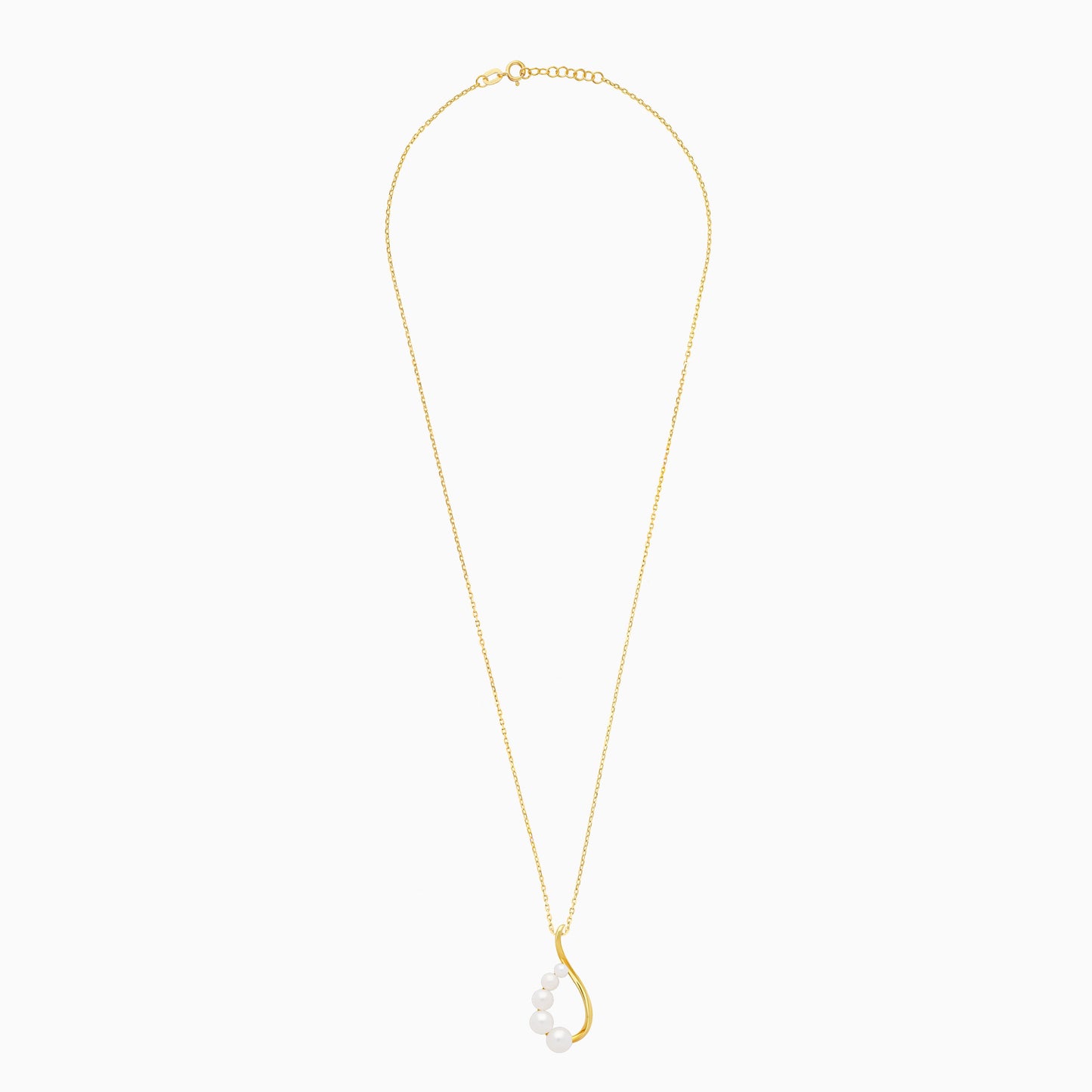 An elegant 18-karat yellow gold necklace adorned with flowing lines of assorted size white pearls