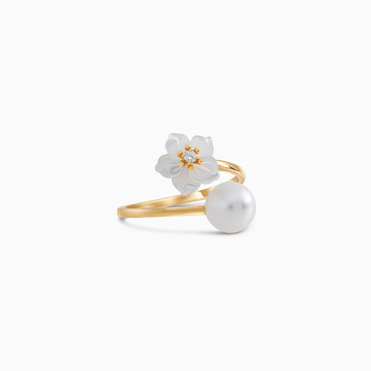 18K Gold Ring with MOP Flower, Zircon & Single Pearl