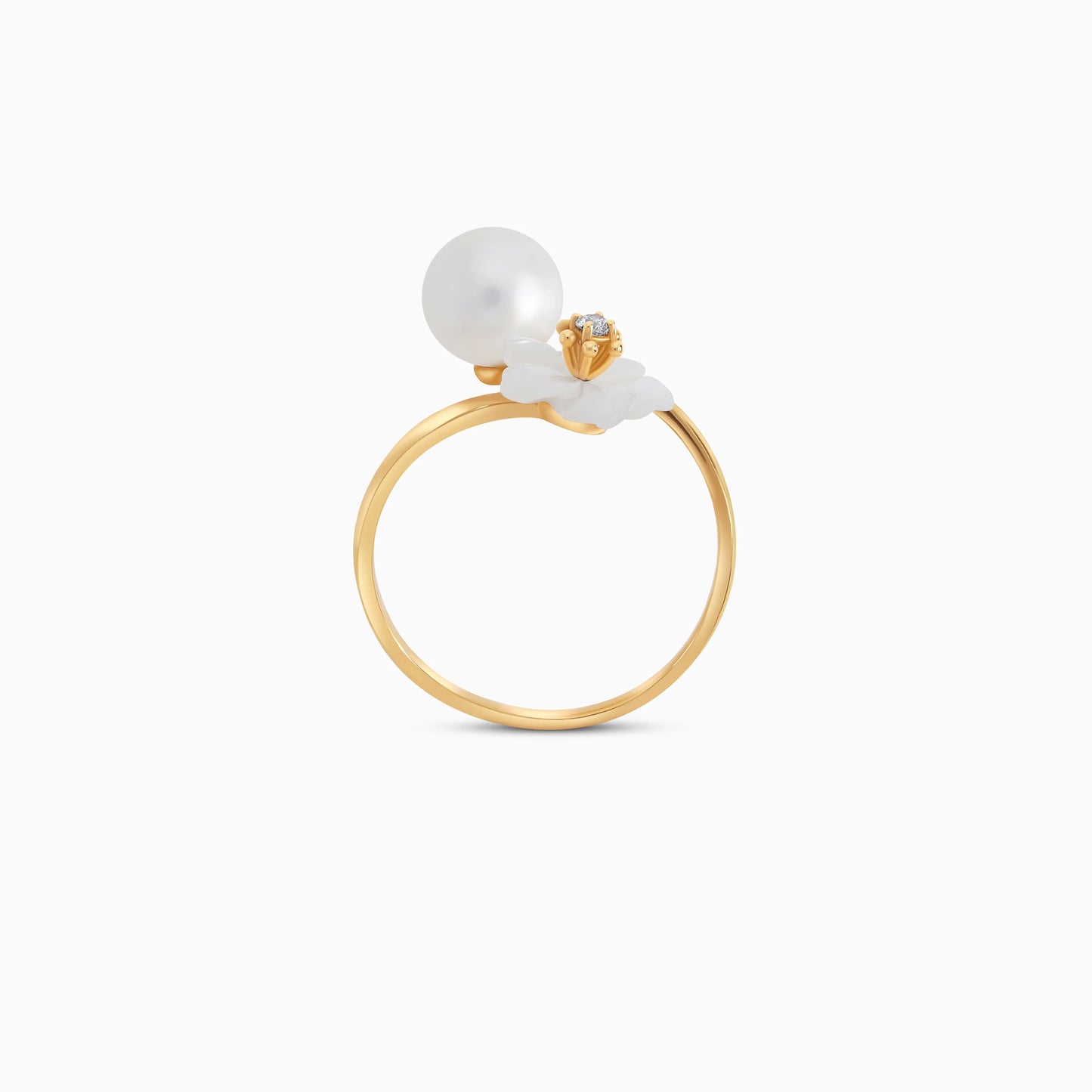 18K Gold Ring with MOP Flower, Zircon & Single Pearl