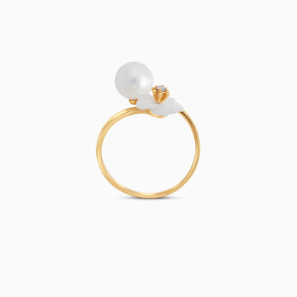 18K Gold Ring with MOP Flower, Zircon & Single Pearl