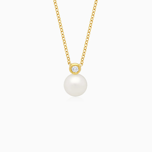 18k Yellow Gold Single Pearl Necklace with Bezel-Set Diamond Accent | Danah Diamond Collection