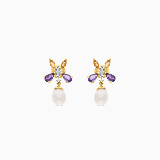 18K YELLOW GOLD PEARL EARRING WITH NATURAL DIAMOND & GEMSTONES