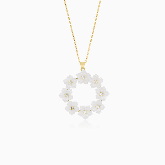18K YELLOW GOLD NECKLACE WITH (MOP) FLOWER SHAPES AND ZIRCON STONES