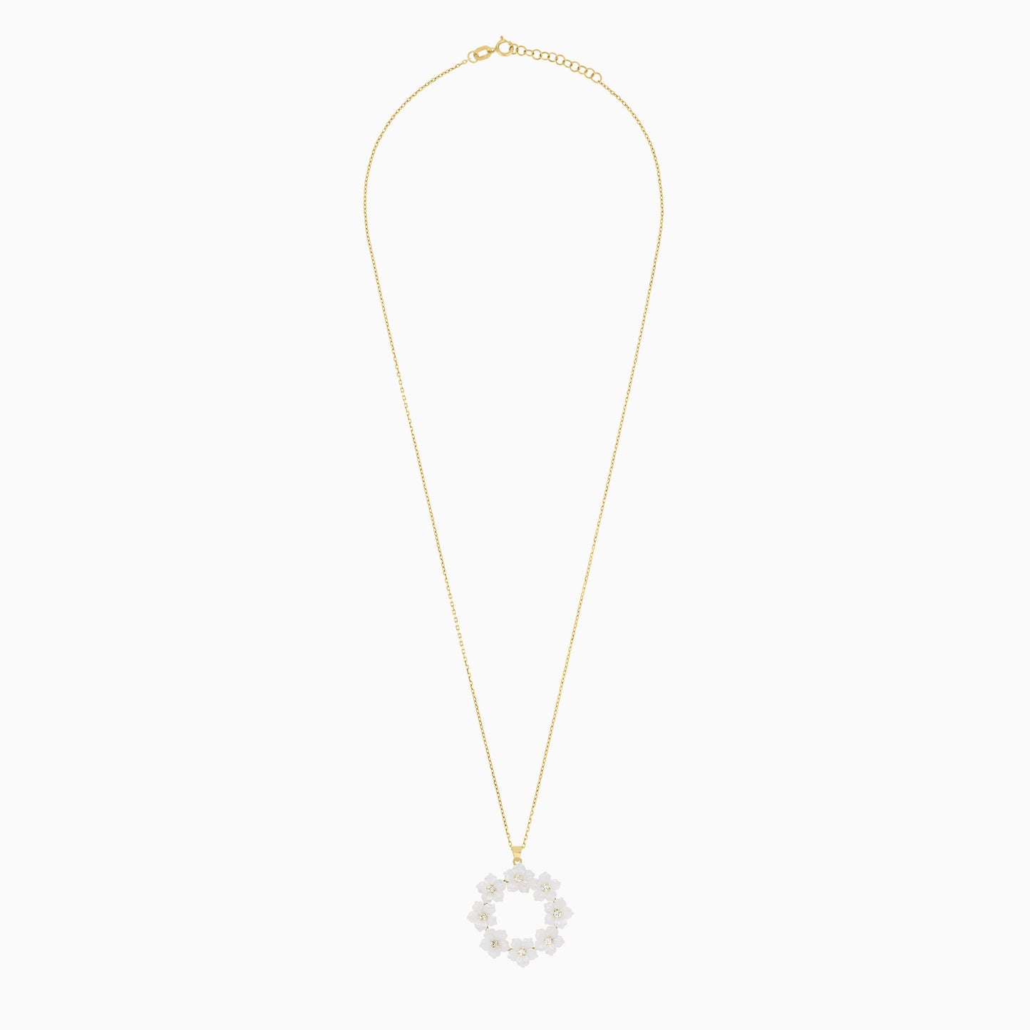 18K YELLOW GOLD NECKLACE WITH (MOP) FLOWER SHAPES AND ZIRCON STONES