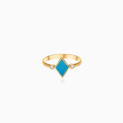 18k yellow gold ring decorated with turquoise enamel color and natural diamonds
