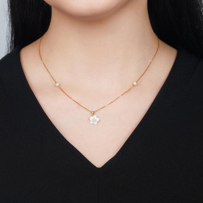 18K Gold Necklace White Mother of Pearl Flower Design, Zircon & Pearls
