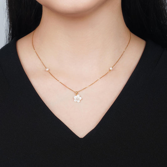 18K Gold Necklace White Mother of Pearl Flower Design, Zircon & Pearls