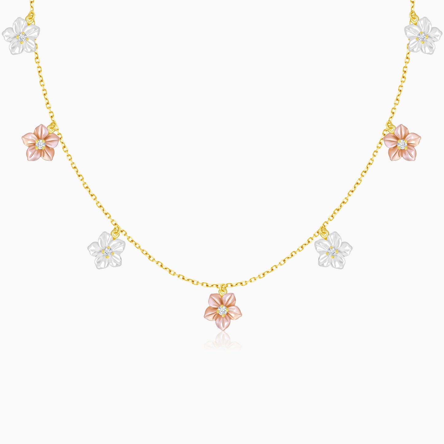 18K Worood Gold Necklace Pink & White Mother of Pearl Flower Design & Zircon Stones