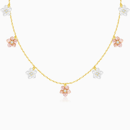 18K Worood Gold Necklace Pink & White Mother of Pearl Flower Design & Zircon Stones