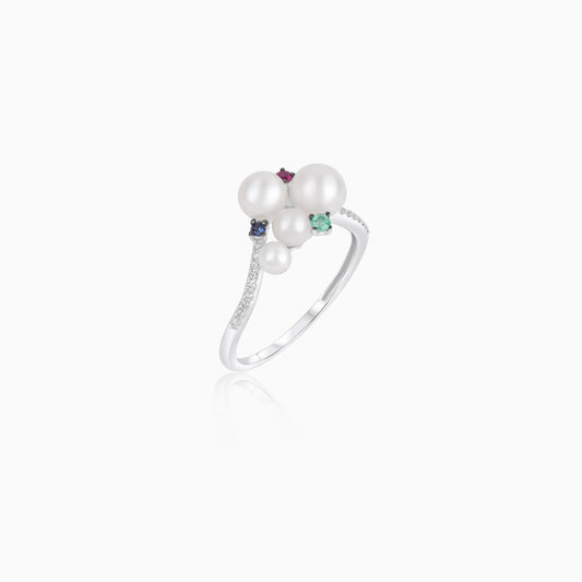 18k white gold ring, half eternity, natural diamonds decorated with pearls and natural emerald,blue sapphire, ruby | danah collection