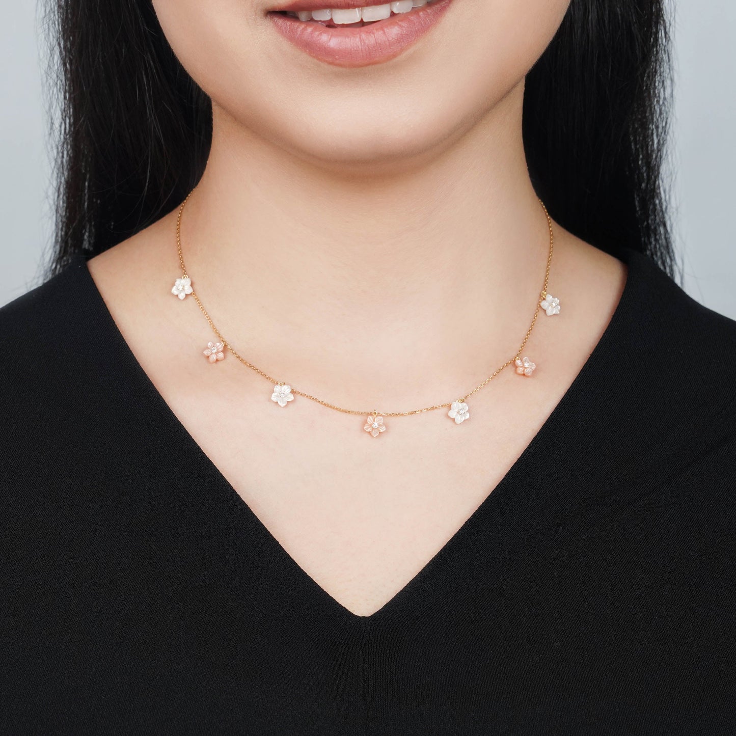 18K Worood Gold Necklace Pink & White Mother of Pearl Flower Design & Zircon Stones