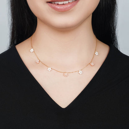 18K Worood Gold Necklace Pink & White Mother of Pearl Flower Design & Zircon Stones