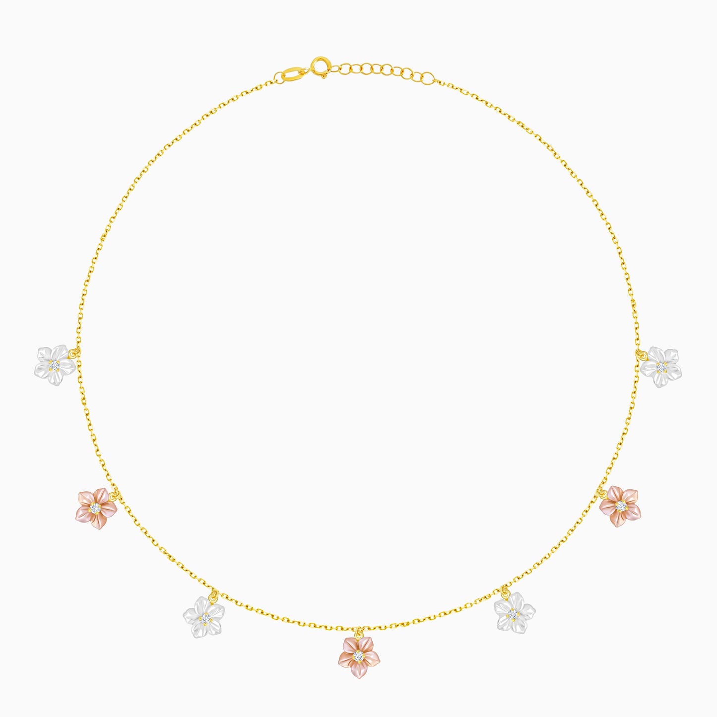 18K Worood Gold Necklace Pink & White Mother of Pearl Flower Design & Zircon Stones