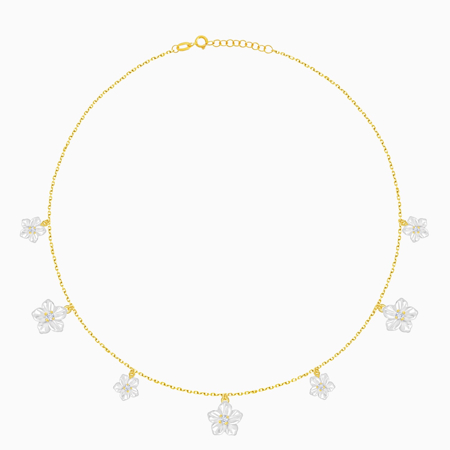 18K Gold Necklace Mother of Pearl Flower Design & Zircon Stones