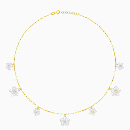 18K Gold Necklace Mother of Pearl Flower Design & Zircon Stones