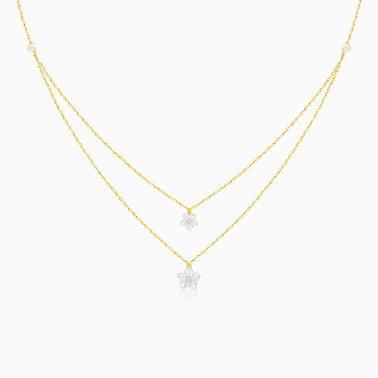 18K YELLOW GOLD 2-LAYER NECKLACE DECORATED WITH WHITE  MOTHER OF PEARL FLOWERS AND ZIRCON STONES IN THE CENTER - FROM WOROOD COLLECTION