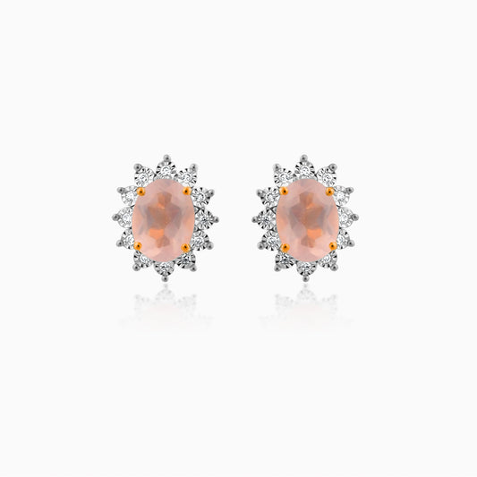 18k rose gold PAIR OF EARRINGS decorated with natural diamond and rose quartz in the centre
