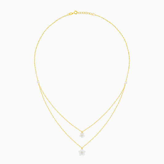 18K YELLOW GOLD 2-LAYER NECKLACE DECORATED WITH WHITE  MOTHER OF PEARL FLOWERS AND ZIRCON STONES IN THE CENTER - FROM WOROOD COLLECTION