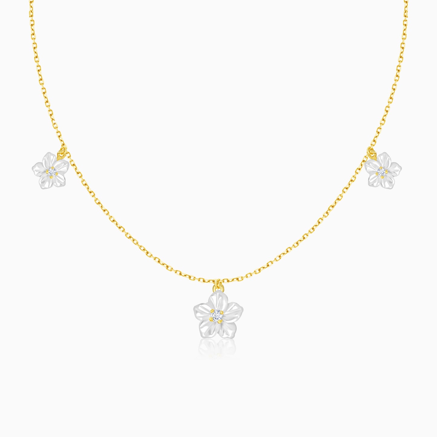 18K Gold Necklace Mixed Mother of Pearl Flower Sizes and Zircon Stones